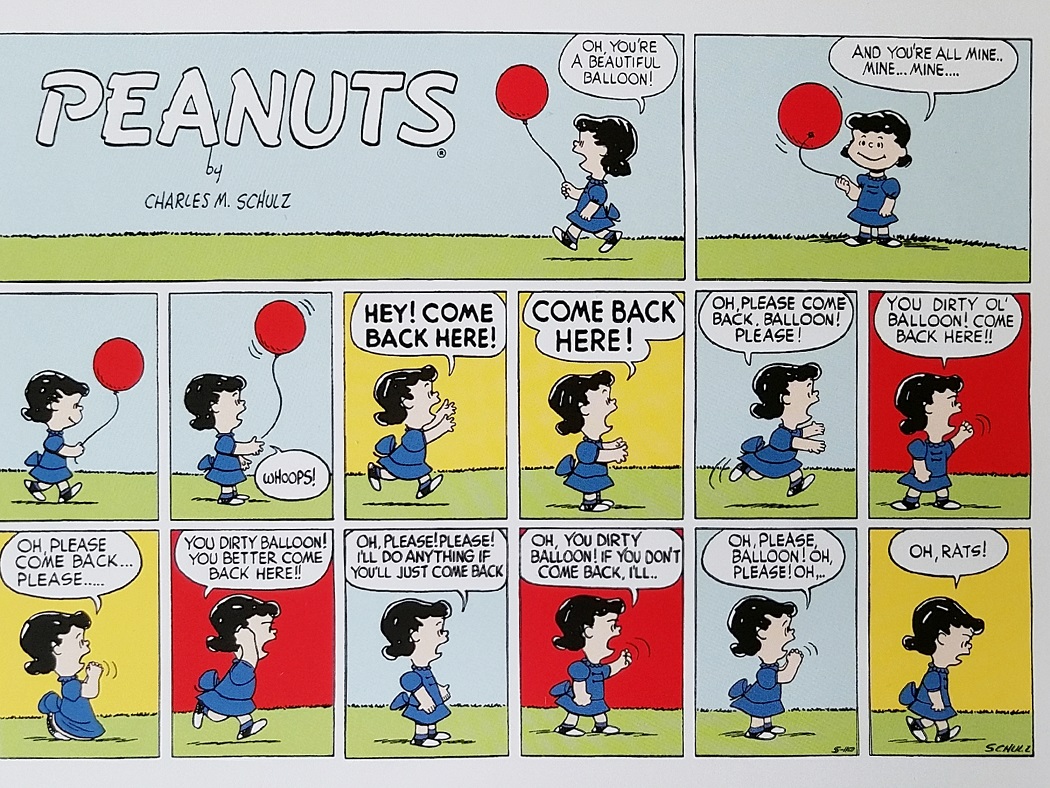 postcard toon Peanuts strip Lucy balloon